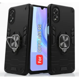 Oppo A58 4G Back Cover with Rotating Ring Holder Stand - Shockproof Mobile Case (Black)