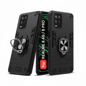 Realme 8 4G Back Cover with Rotating Ring Holder Stand - Shockproof Mobile Case (Black)