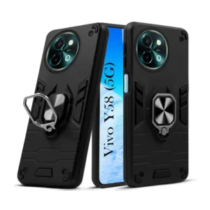 Vivo Y58 5G Back Cover with Rotating Ring Holder Stand - Shockproof Mobile Case (Black)