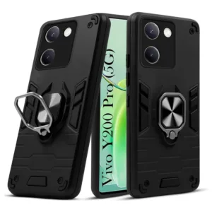 Vivo Y200 Pro Back Cover with Rotating Ring Holder Stand - Shockproof Mobile Case (Black)