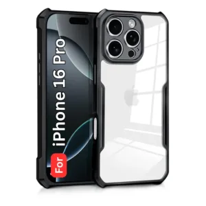 Apple iPhone 16 Pro Shockproof Clear Back Cover with Black Corners - Raised Camera Protection - Design 1