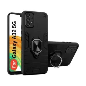 Samsung Galaxy A32 5G Back Cover with Rotating Ring Holder Stand - Shockproof Mobile Case (Black)