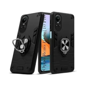 Oppo Reno 10 Back Cover with Rotating Ring Holder Stand - Shockproof Mobile Case (Black)