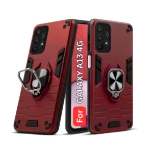 Samsung Galaxy A13 4G Back Cover with Rotating Ring Holder Stand - Shockproof Mobile Case (Red) - Design 1
