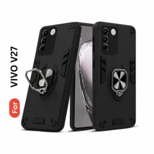 Vivo V27 Back Cover with Rotating Ring Holder Stand - Shockproof Mobile Case (Black)