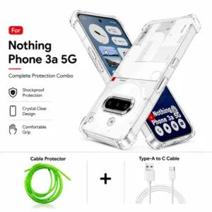 Nothing Phone 3a 5G Complete Protection Combo - Shockproof Clear Case, Cable Protector and Type-A to Type-C Cable