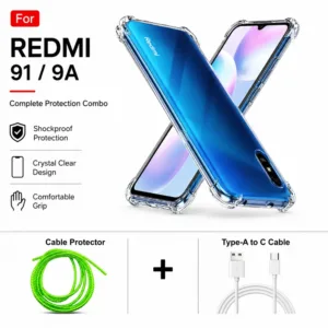 Redmi 9i / 9A Complete Protection Combo - Shockproof Clear Case, Cable Protector and Type-A to Type-C Cable