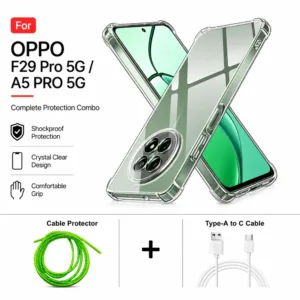 Oppo F29 Pro 5G / A5 Pro 5G Complete Protection Combo - Shockproof Clear Case, Cable Protector and Type-A to Type-C Cable