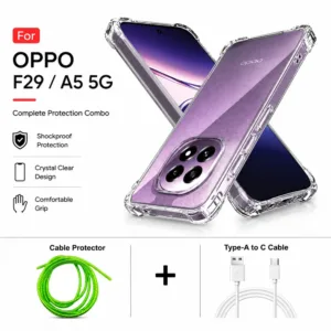Oppo F29 5G / A5 5G Complete Protection Combo - Shockproof Clear Case, Cable Protector and Type-A to Type-C Cable
