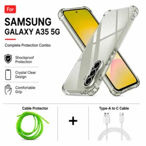Samsung Galaxy A35 5G Complete Protection Combo - Shockproof Clear Case, Cable Protector and Type-A to Type-C Cable