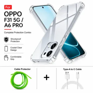 Oppo F31 5G / A6 Pro Complete Protection Combo - Shockproof Clear Case, Cable Protector and Type-A to Type-C Cable