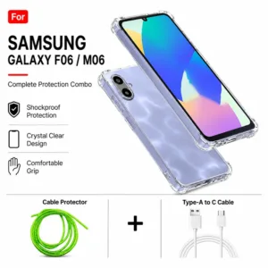 Samsung Galaxy F06 / M06 Complete Protection Combo - Shockproof Clear Case, Cable Protector and Type-A to Type-C Cable