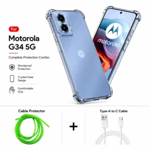 Motorola G34 5G Complete Protection Combo - Shockproof Clear Case, Cable Protector and Type-A to Type-C Cable