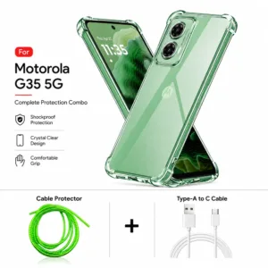 Motorola G35 5G Complete Protection Combo - Shockproof Clear Case, Cable Protector and Type-A to Type-C Cable