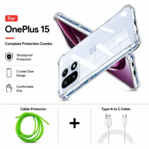 OnePlus 15 Complete Protection Combo - Shockproof Clear Case, Cable Protector and Type-A to Type-C Cable