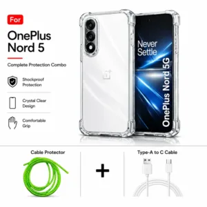 OnePlus Nord 5 Complete Protection Combo - Shockproof Clear Case, Cable Protector and Type-A to Type-C Cable
