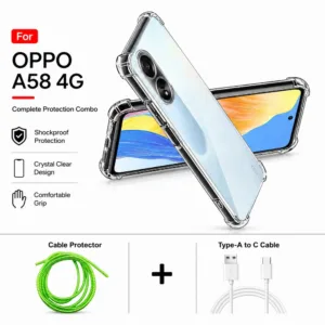 Oppo A58 4G Complete Protection Combo - Shockproof Clear Case, Cable Protector and Type-A to Type-C Cable