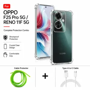 Oppo F25 Pro 5G / Reno 11F 5G Complete Protection Combo - Shockproof Clear Case, Cable Protector and Type-A to Type-C Cable