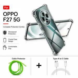 Oppo F27 5G Complete Protection Combo - Shockproof Clear Case, Cable Protector and Type-A to Type-C Cable