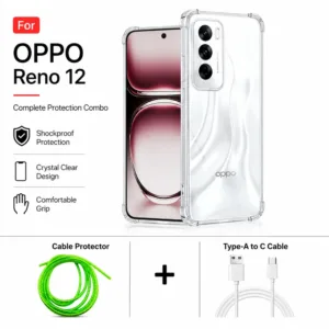 Oppo Reno 12 Complete Protection Combo - Shockproof Clear Case, Cable Protector and Type-A to Type-C Cable