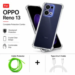 Oppo Reno 13 Complete Protection Combo - Shockproof Clear Case, Cable Protector and Type-A to Type-C Cable