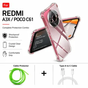 Redmi A3X / Poco C61 Complete Protection Combo - Shockproof Clear Case, Cable Protector and Type-A to Type-C Cable