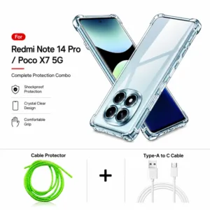 Redmi Note 14 Pro / Poco X7 5G Complete Protection Combo - Shockproof Clear Case, Cable Protector and Type-A to Type-C Cable