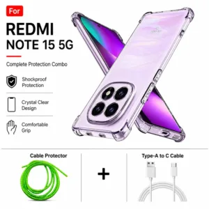 Redmi Note 15 5G Complete Protection Combo - Shockproof Clear Case, Cable Protector and Type-A to Type-C Cable