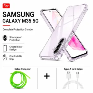 Samsung Galaxy M35 5G Complete Protection Combo - Shockproof Clear Case, Cable Protector and Type-A to Type-C Cable