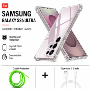 Samsung Galaxy S26 Ultra Complete Protection Combo - Shockproof Clear Case, Cable Protector and Type-A to Type-C Cable