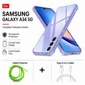 Samsung Galaxy A34 5G Complete Protection Combo - Shockproof Clear Case, Cable Protector and Type-A to Type-C Cable