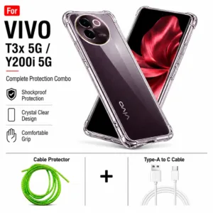 Vivo T3x 5G / Y200i 5G Complete Protection Combo - Shockproof Clear Case, Cable Protector and Type-A to Type-C Cable
