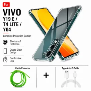 Vivo Y19E / T4 Lite / Y04 Complete Protection Combo - Shockproof Clear Case, Cable Protector and Type-A to Type-C Cable