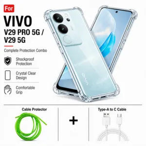 Vivo V29 Pro 5G / V29 5G Complete Protection Combo - Shockproof Clear Case, Cable Protector and Type-A to Type-C Cable