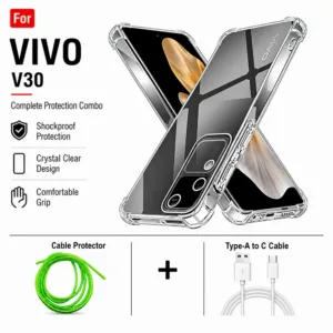 Vivo V30 Complete Protection Combo - Shockproof Clear Case, Cable Protector and Type-A to Type-C Cable