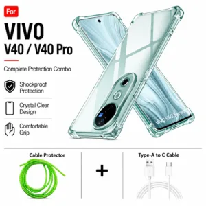Vivo V40 / V40 Pro Complete Protection Combo - Shockproof Clear Case, Cable Protector and Type-A to Type-C Cable