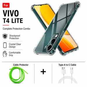 Vivo T4 Lite Complete Protection Combo - Shockproof Clear Case, Cable Protector and Type-A to Type-C Cable