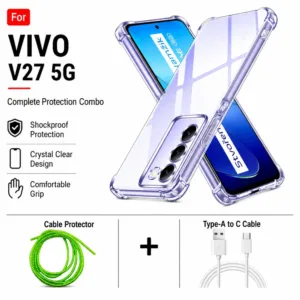 Vivo V27 5G Complete Protection Combo - Shockproof Clear Case, Cable Protector and Type-A to Type-C Cable