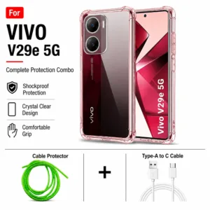 Vivo V29e 5G Complete Protection Combo - Shockproof Clear Case, Cable Protector and Type-A to Type-C Cable