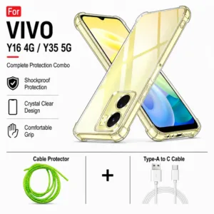 Vivo Y16 4G / Y35 5G Complete Protection Combo - Shockproof Clear Case, Cable Protector and Type-A to Type-C Cable