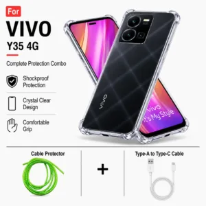 Vivo Y35 4G Complete Protection Combo - Shockproof Clear Case, Cable Protector and Type-A to Type-C Cable
