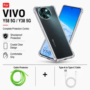 Vivo Y58 5G / Y38 5G Complete Protection Combo - Shockproof Clear Case, Cable Protector and Type-A to Type-C Cable